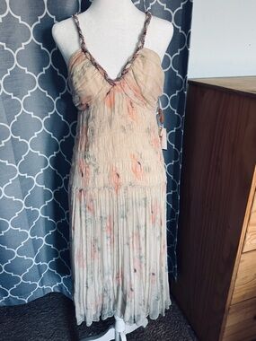 NWT Rebecca Taylor Silk Peach Green Ivory Pleated Drop Waist Tiered Maxi Dress 8